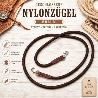 Geschlossene Deluxe Nylonzügel mit Lederbesatz | Braun | 230 cm